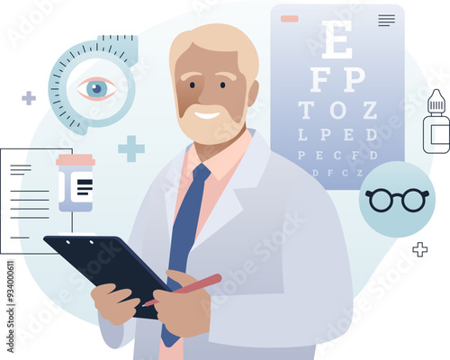 Doctor ophthalmologist flat illustration. Optometrist and eyecare service elements isolated on white background. Color infographic with icons.