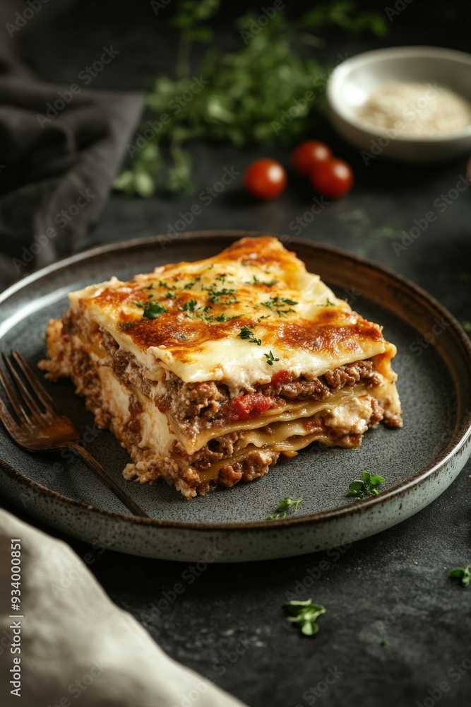 Delicious homemade lasagna served on a dark plate with herbs Delicious homemade lasagna served on a dark plate with herbs