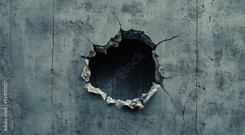 A large hole in the concrete wall of an old building, cracks on the surface, close-up, gray background