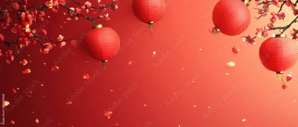 Red Chinese Lanterns Hanging from a Branch with Falling Petals Red Chinese Lanterns Hanging from a Branch with Falling Petals