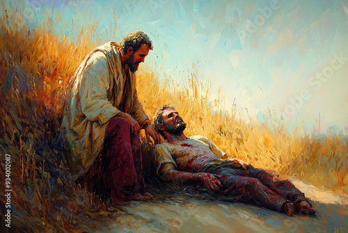The Good Samaritan: A compassionate scene where the Good Samaritan helps the injured man on the roadside. 