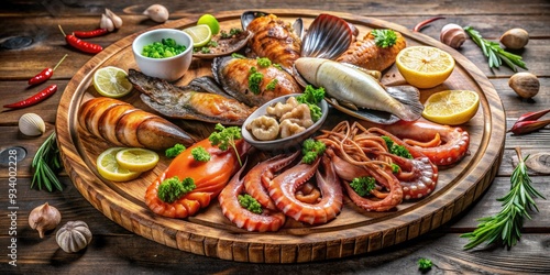 _..Freshly grilled seafood assortment on a rustic wooden platter, featuring shrimp, oysters, fish, squid, and octopus, presented in an upscale fish restaurant setting. photo