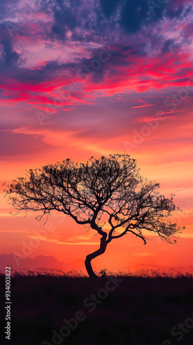 Solitary Tree at Sunset: A Serene Silhouette Against a Breathtaking Evening Sky