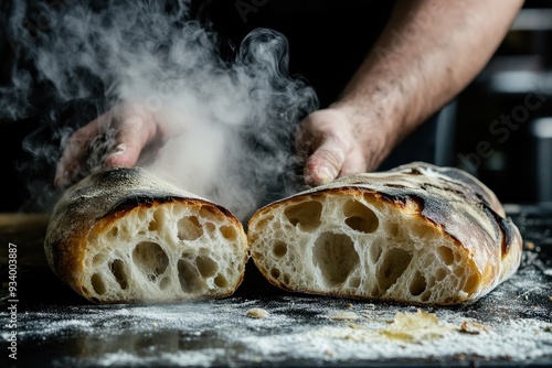 Freshly baked bread being sliced in a rustic kitchen with flour and steam on the surface photo