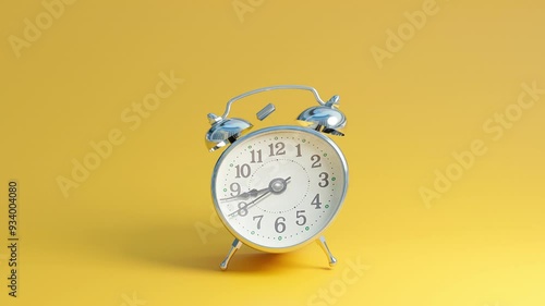 footage of funny alrm clock shaking alarm on yellow background, 3d illustration rendering