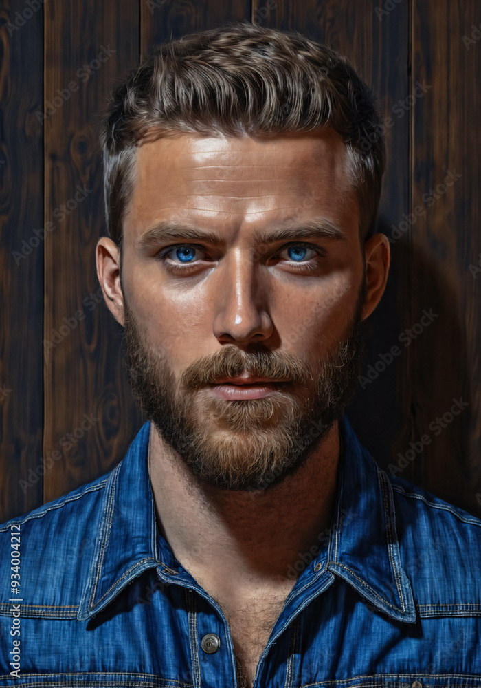 Portrait of a young man with a beard in a denim shirt against a wooden wall. Portrait of a young man with a beard in a denim shirt against a wooden wall.