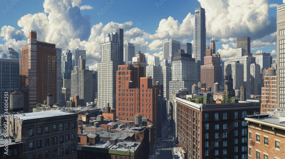 Fototapeta premium A View of a Dense Urban Skyline with Buildings and Clouds