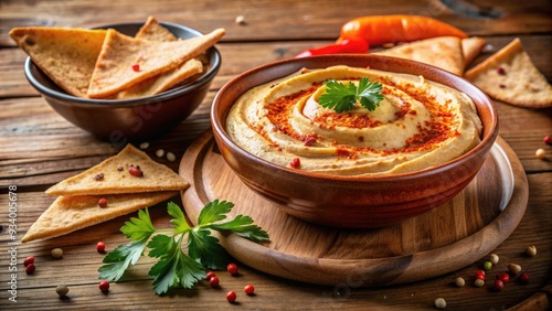 Freshly served hummus dip garnished with paprika and parsley, accompanied by crispy pita bread and a sprinkle of sesame seeds on a rustic wooden table.