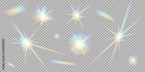 Set of different shapes glowing rainbow stars isolated on transparent background. Reflection light prism effect. Glare colorful reflection. Crystal rainbow reflection. Glowing star lights effect.