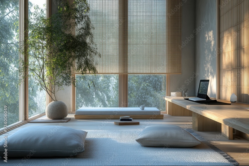 Serene Minimalist Workspace, a tranquil environment featuring sleek furniture, soft colors, and Zen-inspired elements that promote focus and relaxation in a clutter-free setting Serene Minimalist Workspace, a tranquil environment featuring sleek furniture, soft colors, and Zen-inspired elements that promote focus and relaxation in a clutter-free setting