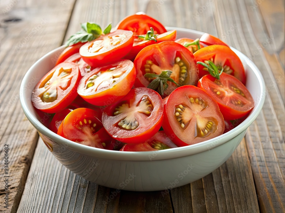 Freshly sliced tomatoes arranged artfully in a crisp white bowl, ready to be devoured in a delicious and healthy salad, bursting with juicy flavor. Freshly sliced tomatoes arranged artfully in a crisp white bowl, ready to be devoured in a delicious and healthy salad, bursting with juicy flavor.