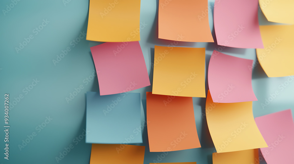 A vibrant collection of sticky notes in various colors pinned to a blue wall, ideal for brainstorming and organizing ideas. A vibrant collection of sticky notes in various colors pinned to a blue wall, ideal for brainstorming and organizing ideas.