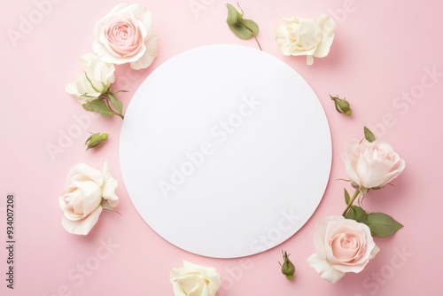 White Circle with Roses on Pink Background
