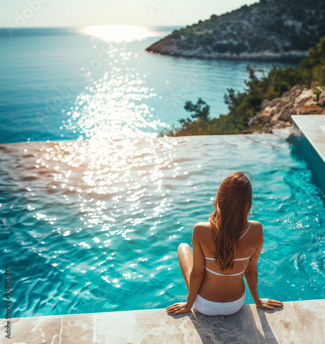 Frau am Infinity-Pool mit atemberaubendem Meerblick bei Sonnenuntergang, Entspannung und Erholung im Luxushotel, Sommerurlaub in exotischem Reiseziel	
 photo