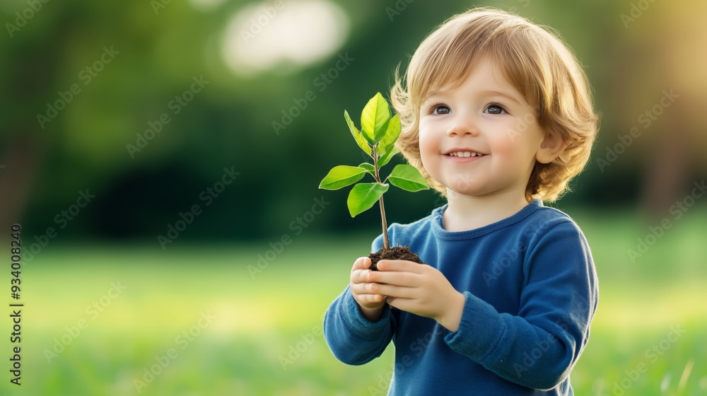 A happy child stands on the grass, holding a small tree sapling and smiling with excitement. isolated on blurred nature background A happy child stands on the grass, holding a small tree sapling and smiling with excitement. isolated on blurred nature background