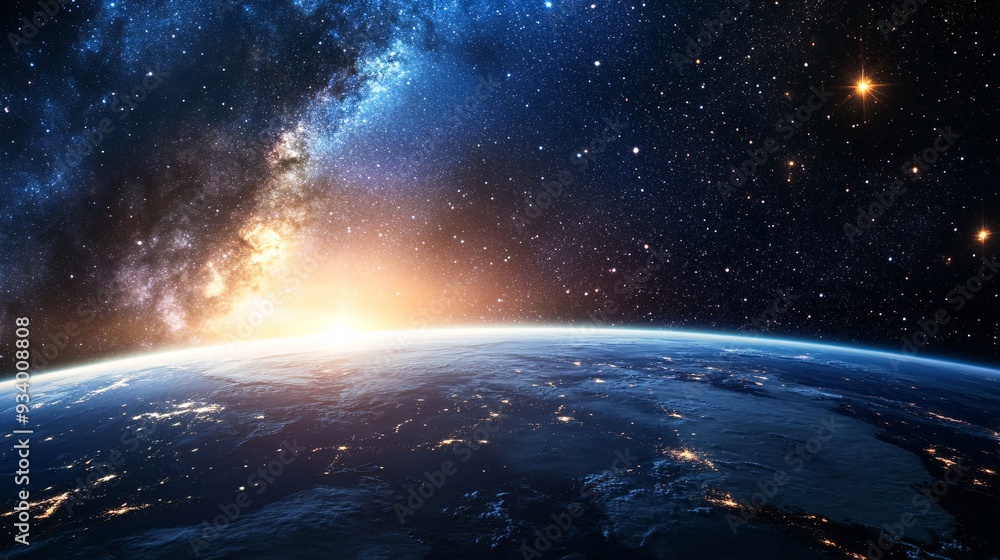 Earth seen from a distance in space with bright stars in the background Earth seen from a distance in space with bright stars in the background