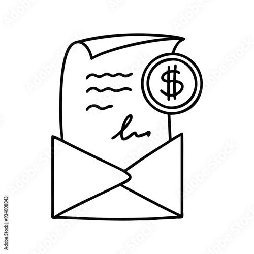 Line doodle bill letter icon. Financial paper, invoice, receipt, tax form, bank loan document in the mail envelope. Email payment notification. Dollar sign and signature