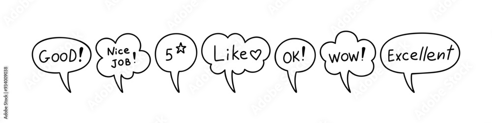 Cute line doodle speech bubble set. Text boxes, cloud, dialog, message, thought handwriting illustration. Positive feedback icons. Nice job, wow, ok, like words. Crayon scribble Cute line doodle speech bubble set. Text boxes, cloud, dialog, message, thought handwriting illustration. Positive feedback icons. Nice job, wow, ok, like words. Crayon scribble