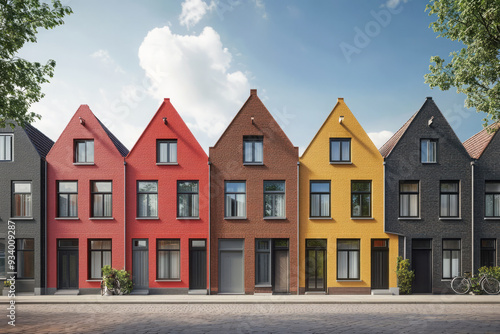 Row of colorful houses standing on sunny street with lush green bushes and trees. New townhouses in neighborhood