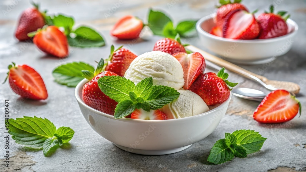 Fresh strawberries and mint leaves artfully arranged atop a scoop of creamy ice cream in a crisp white bowl, inviting a sweet indulgence. Fresh strawberries and mint leaves artfully arranged atop a scoop of creamy ice cream in a crisp white bowl, inviting a sweet indulgence.