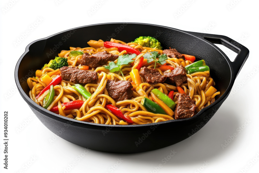 Flavorful Beef Stir-Fry with Noodles and Fresh Vegetables Served in a Cast Iron Skillet Flavorful Beef Stir-Fry with Noodles and Fresh Vegetables Served in a Cast Iron Skillet