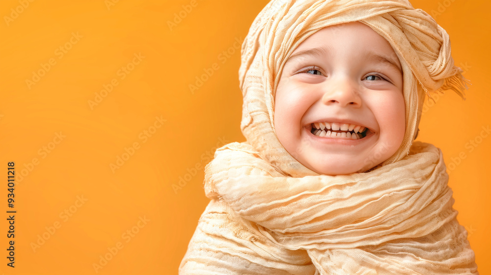 A cheerful child wrapped in a mummy costume lights up the studio with laughter on a bright orange backdrop, embodying the spirit of Halloween fun A cheerful child wrapped in a mummy costume lights up the studio with laughter on a bright orange backdrop, embodying the spirit of Halloween fun