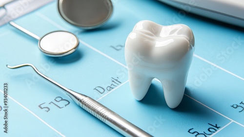 A reminder calendar for a dental visit, featuring a dental appointment check. The calendar includes a tooth and dental mirror on a blue background, with space for text.