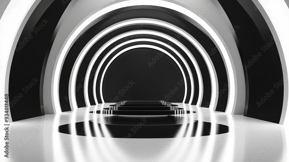 Naklejka premium An abstract background featuring a black and white round tunnel podium, with reflections on a glossy floor.