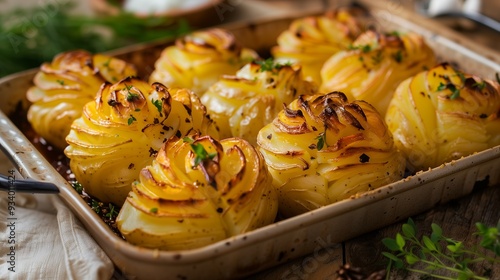 Close-up of baked Duchesse potatoes in a baking tray on the table. Mashed potatoes with egg yolk and butter, which are squeezed from a pastry bag or hand formed into various shapes photo