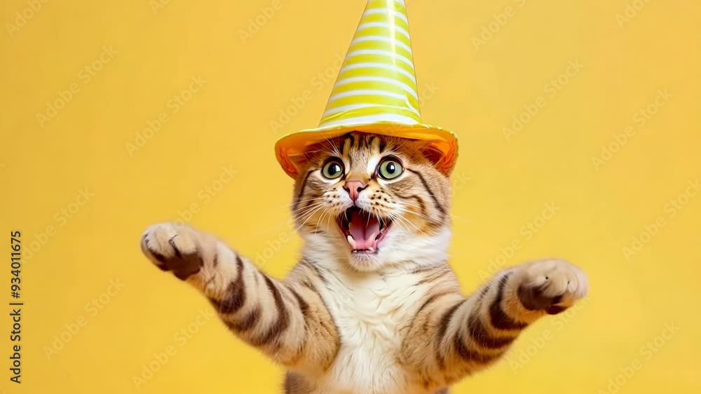 Birthday dancing cat, portrait of happy smiling cat in costume and hat on yellow background with air balloons, birthday, anniversary kitty Birthday dancing cat, portrait of happy smiling cat in costume and hat on yellow background with air balloons, birthday, anniversary kitty