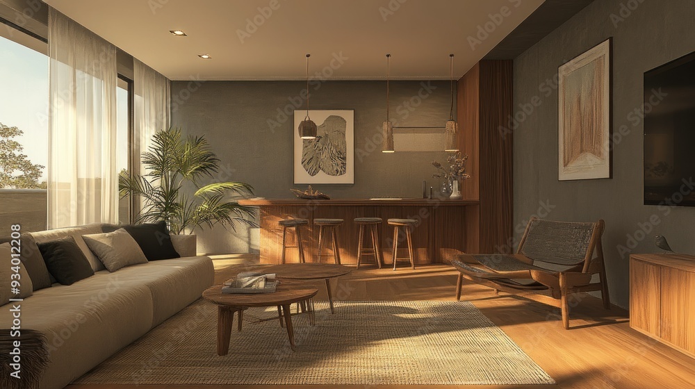 Modern Living Room with Wooden Accents and Natural Light Modern Living Room with Wooden Accents and Natural Light