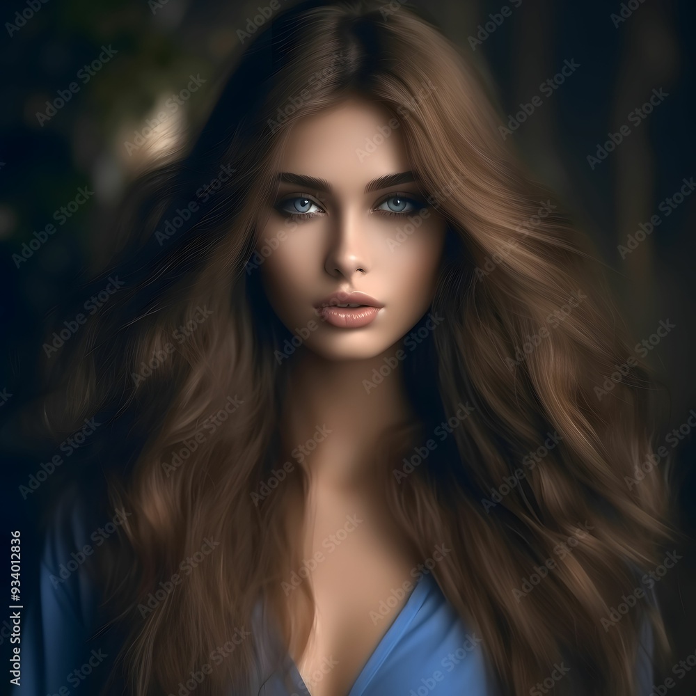 Fototapeta premium Woman with long, flowing hair gazes directly at the camera in a dimly lit, natural setting with soft background elements