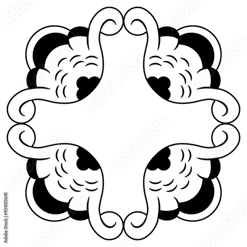Square cross shape frame with stylized flower. Abstract geometrical decorative element. Old Russian folk style. Black and white silhouette.
