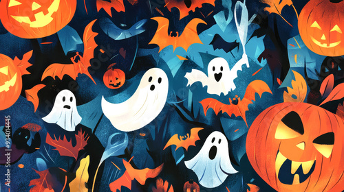 Brightly colored Halloween symbols, including pumpkins and ghosts, create a whimsical and spooky atmosphere for festive celebrations and decorations