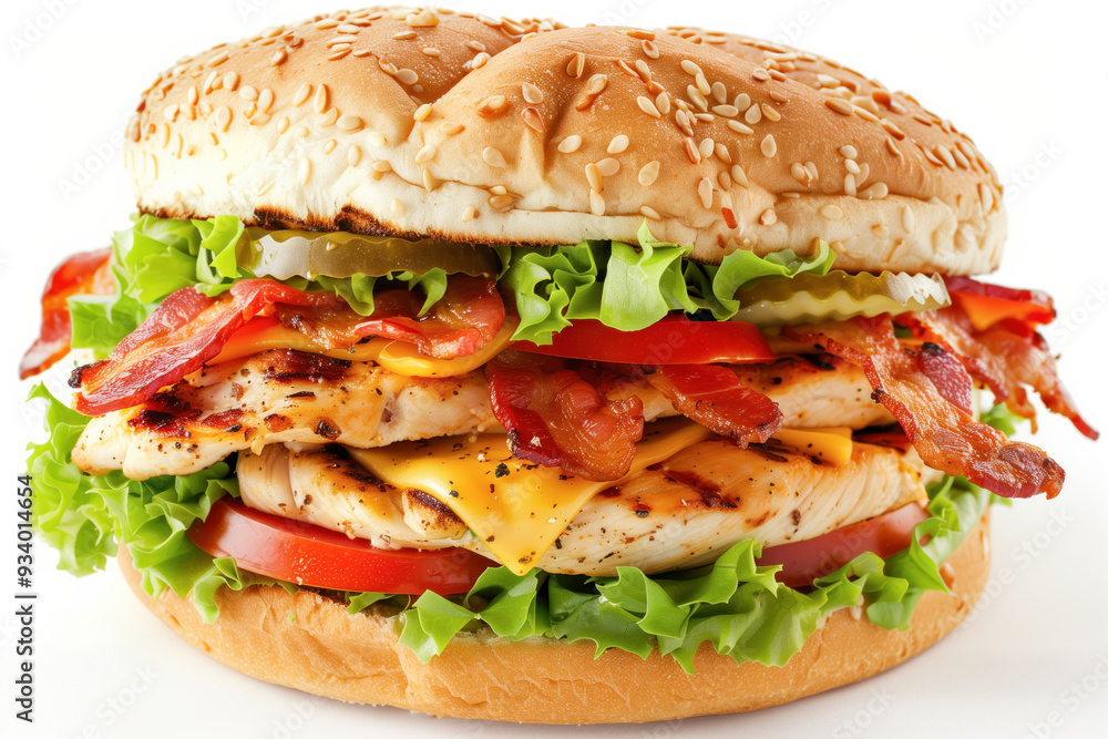 Chicken bacon cheese sandwich with lettuce and pickles Chicken bacon cheese sandwich with lettuce and pickles