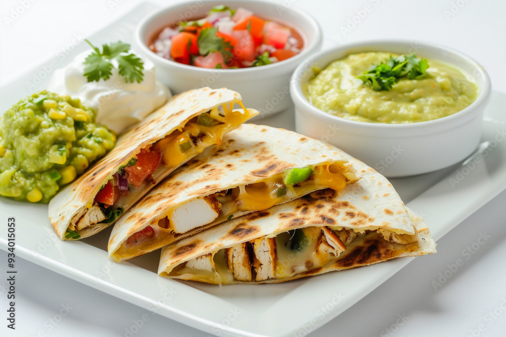 Quesadilla with guacamole and salsa on white plate Quesadilla with guacamole and salsa on white plate