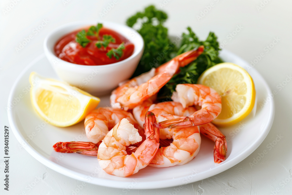 Chilled shrimp with cocktail sauce and lemon wedges Chilled shrimp with cocktail sauce and lemon wedges