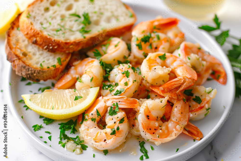 Shrimp with garlic butter and lemon on crispy bread Shrimp with garlic butter and lemon on crispy bread
