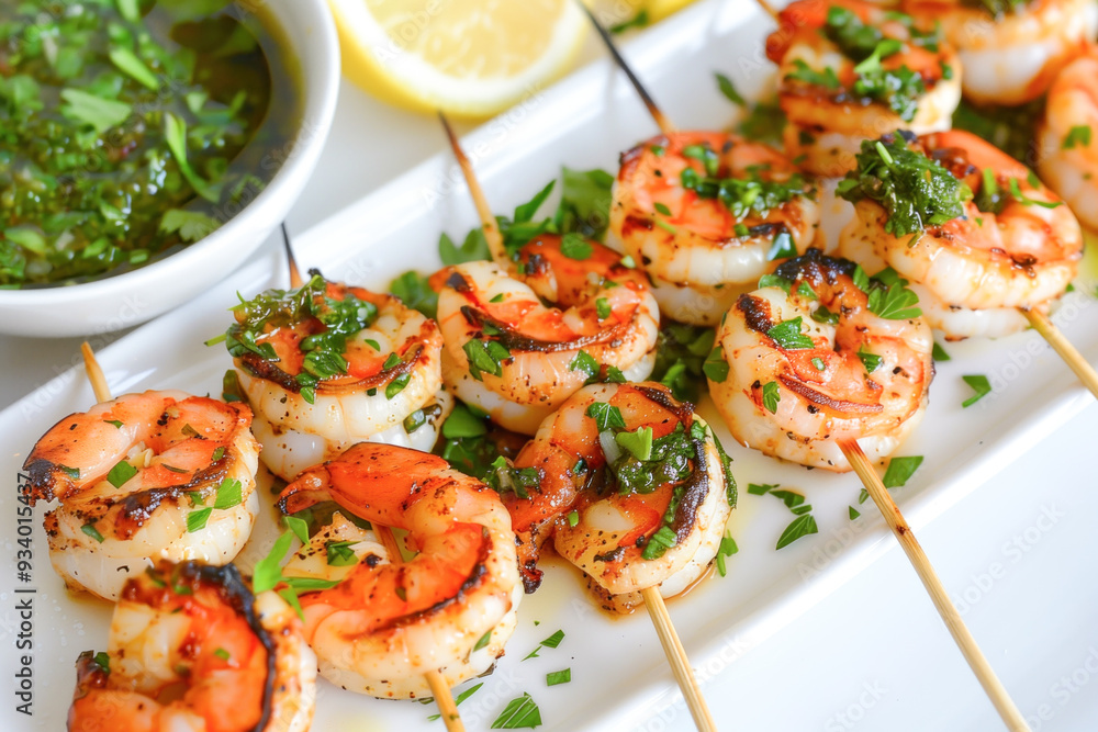 Grilled shrimp skewers with fresh herbs and lemon Grilled shrimp skewers with fresh herbs and lemon