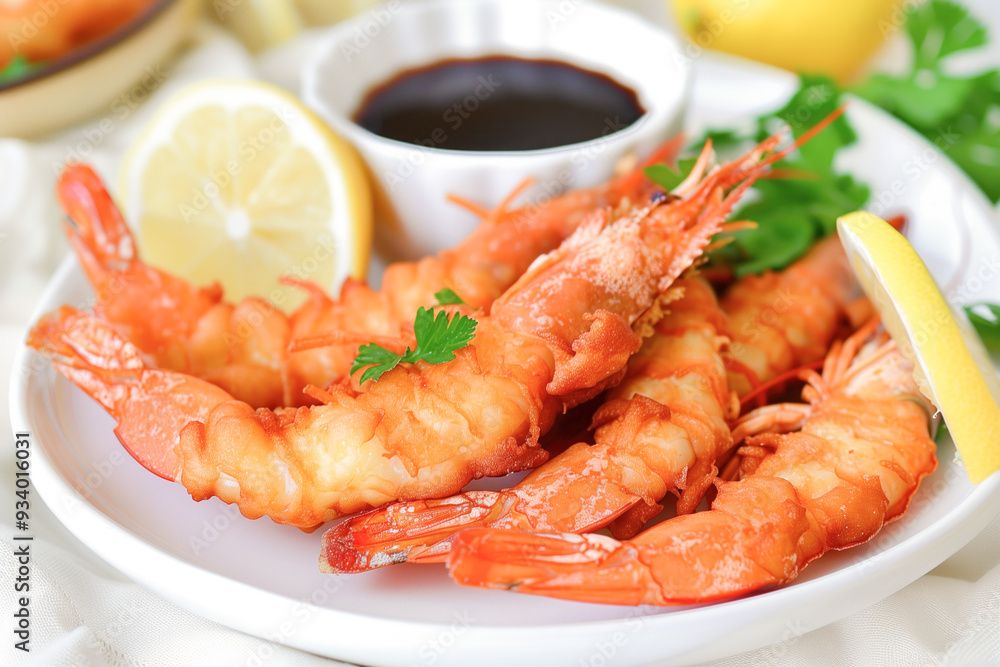 Lemon and soy dipping sauce served with tempura shrimp Lemon and soy dipping sauce served with tempura shrimp