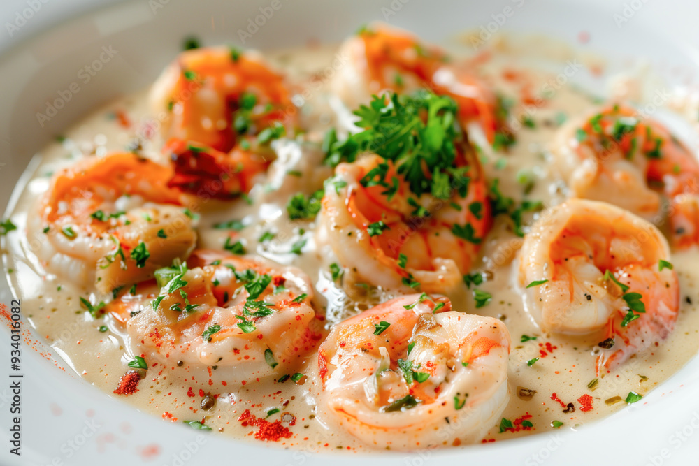 Shrimp served with a creamy sauce, garnished with dill and parsl Shrimp served with a creamy sauce, garnished with dill and parsl
