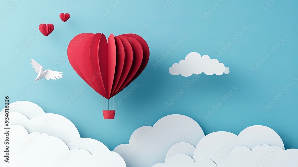 Fototapeta premium A heart-shaped origami hot air balloon floating in a blue sky, created in a paper art style.