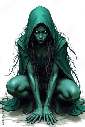 Cursed Teal-Skinned Elf Character , dark fantasy aesthetic, high-detail illustration, epic fantasy artwork, character concept art, rich color palette, dark and gritty style. photo