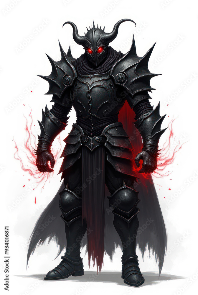 Fototapeta premium Cursed Knight with Glowing Eyes , dark fantasy aesthetic, high-detail illustration, epic fantasy artwork, character concept art, rich color palette, dark and gritty style.