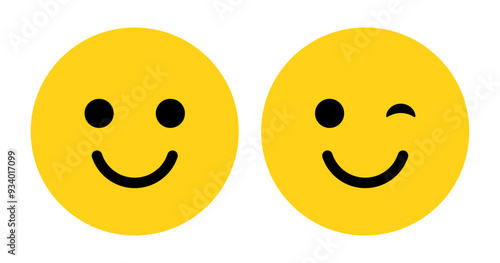 Smile and wink or eye blink face emoji set in yellow and black color. Winking Face. Eye wink emoji, funny yellow emoticon with smile. Smile icon vector.