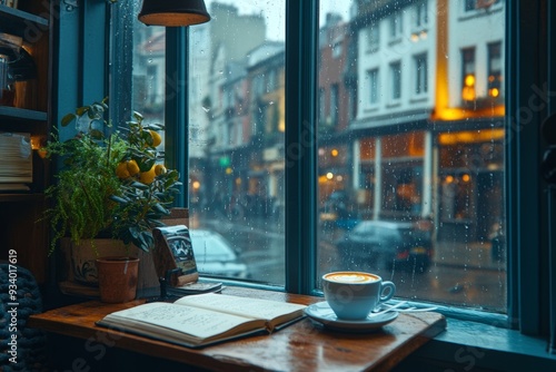Cozy coffee shop interior on a rainy day, with a warm cup of coffee and a book on the table by a window