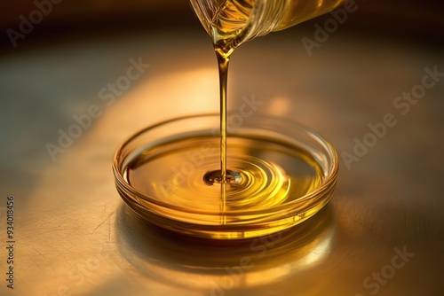 Golden oil pouring into a shallow dish on a metallic surface during afternoon light photo