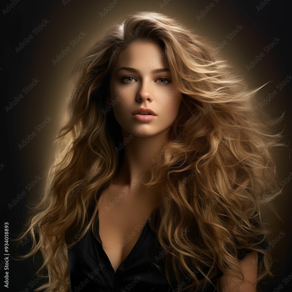 Fototapeta premium Young woman with voluminous curly hair posing against a dark background in a soft light setting