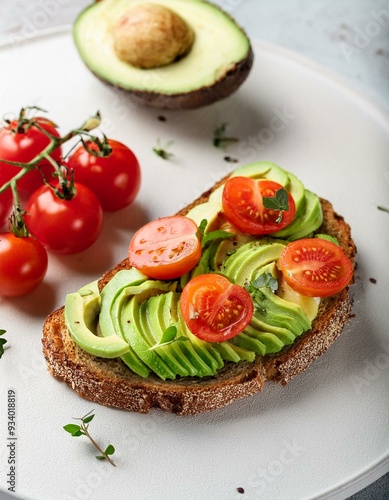 Vegan sandwich with avocado and tomatoes. Diet food. Copy Space