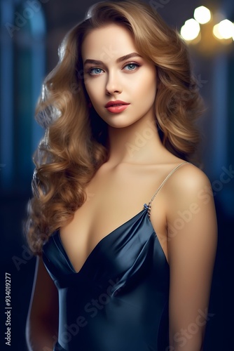 Elegant woman with flowing hair wearing a sleek dress posing indoors with soft lighting